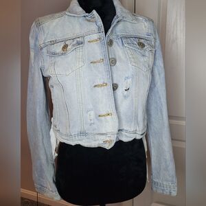 POL Light Blue Distressed Jean Jacket With Side Tie Up. Sz M. NWOT *Callout